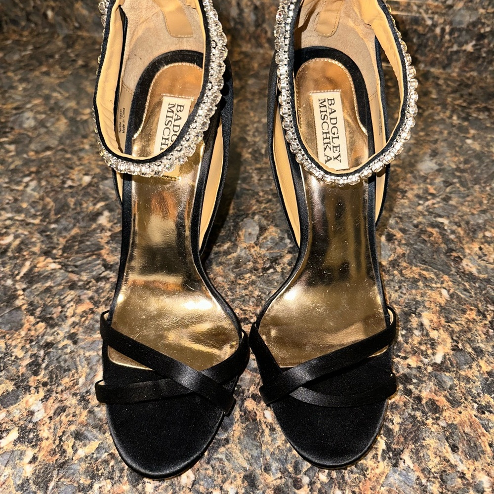 Badgley Mischka Black Satin Heels with Crystal Embellishment